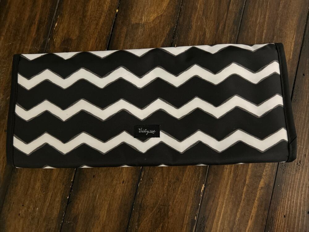 Thirty One Flat Iron Fold Over Pouch Insulated Lined Black White Chevron 13x6"